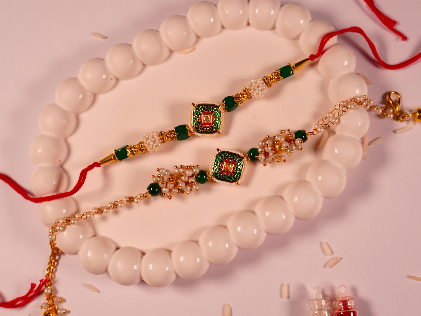 Royal Emerald Green Kundan Couple Rakhi Set