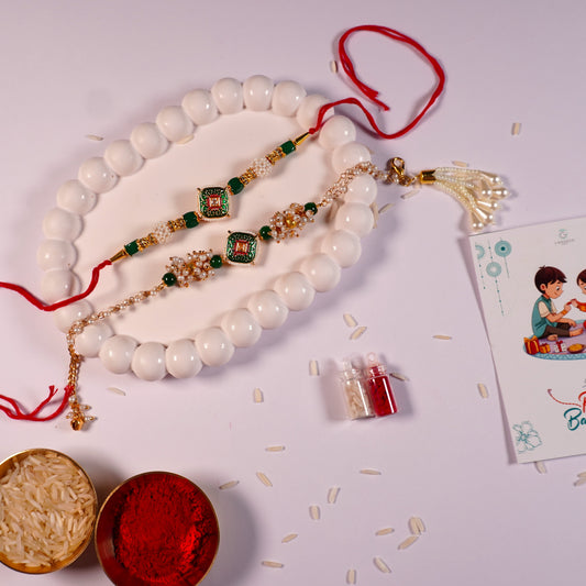 Royal Emerald Green Kundan Couple Rakhi Set