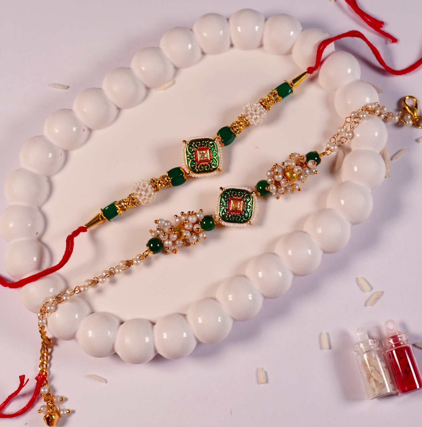 Royal Emerald Green Kundan Couple Rakhi Set