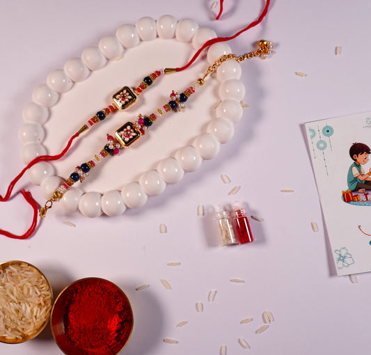 Blue Square Kundan Bhaiya-Bhabhi Rakhi Set