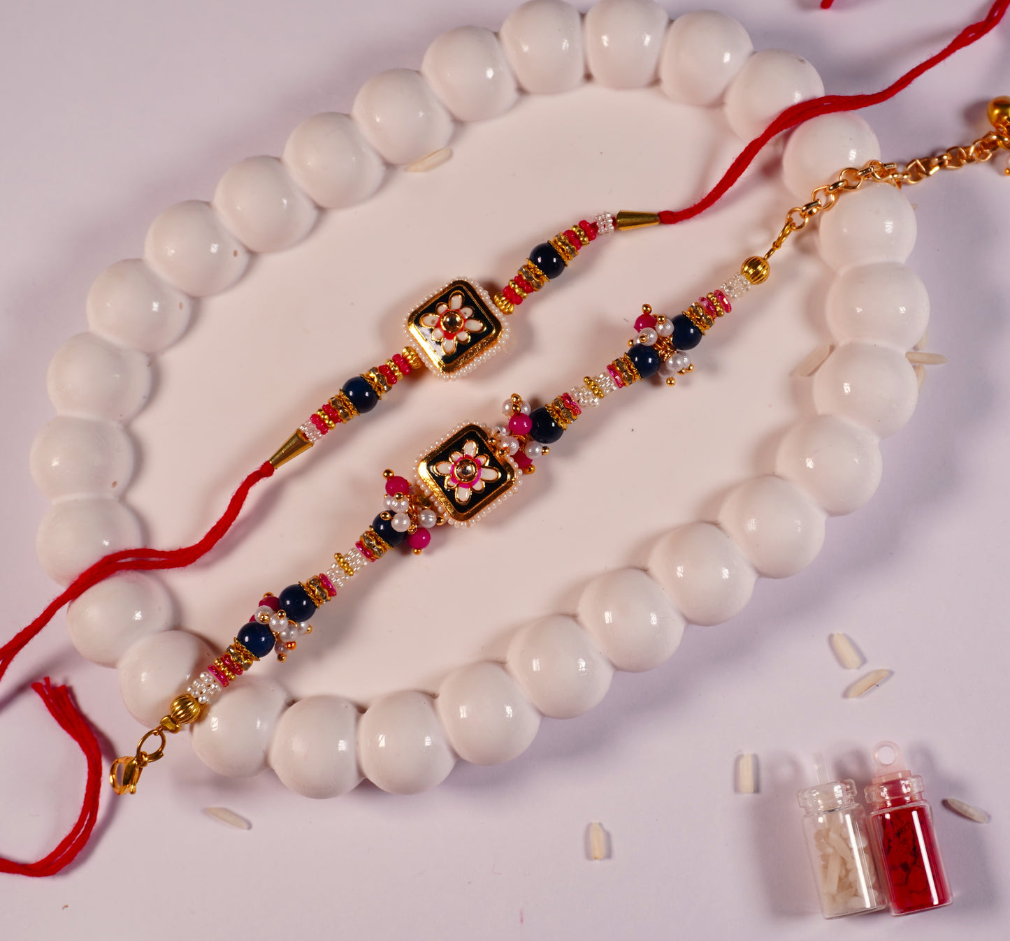 Blue Square Kundan Bhaiya-Bhabhi Rakhi Set