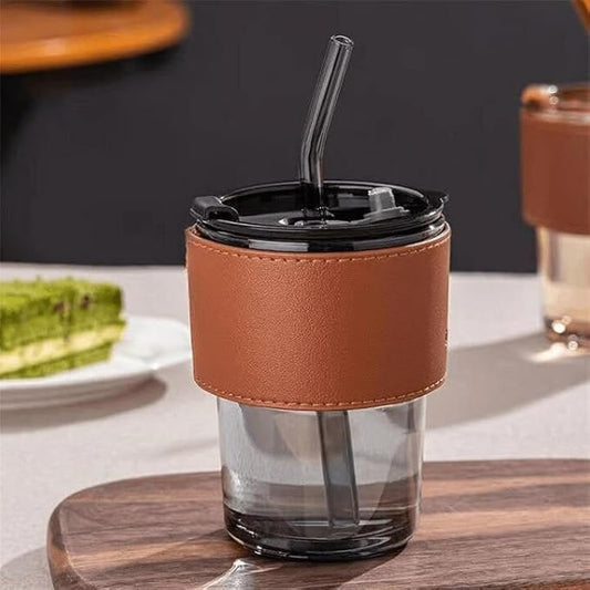 Glass Sipper Tumbler with Leather Sleeve, Lid & Straw